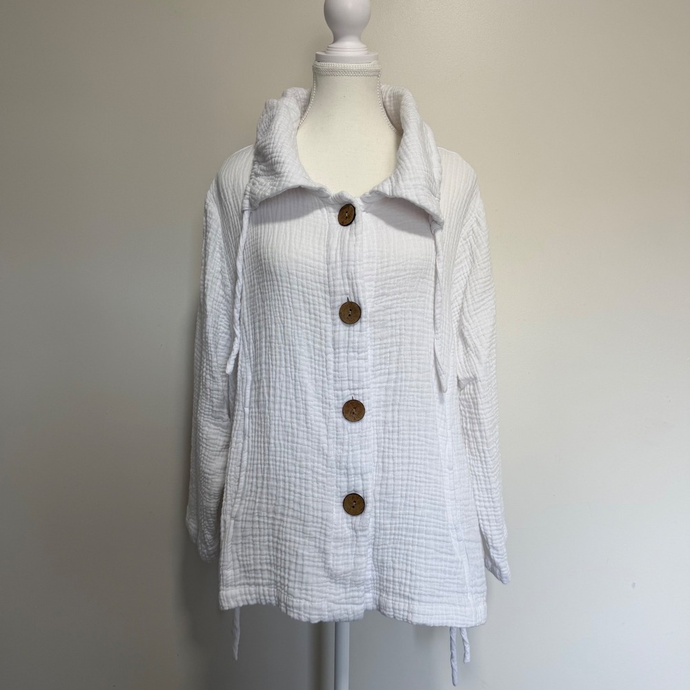 Habitat Crinkle Gauze Cotton Button Front Jacket Womens XL White Coastal Boho
